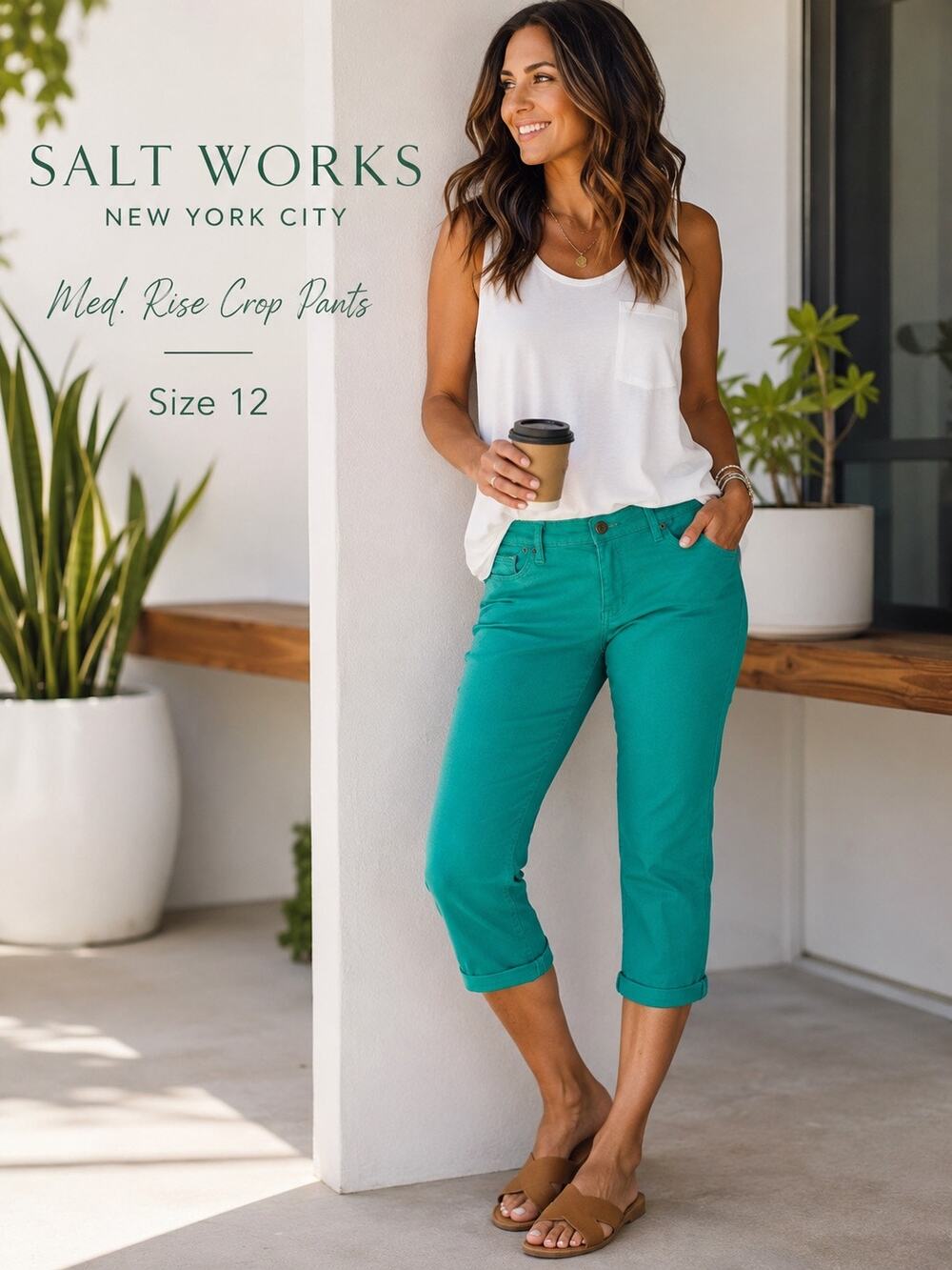 Salt Works New York Green Mid Rise Crop Jeans Size 12 Stretch Cropped Pants
